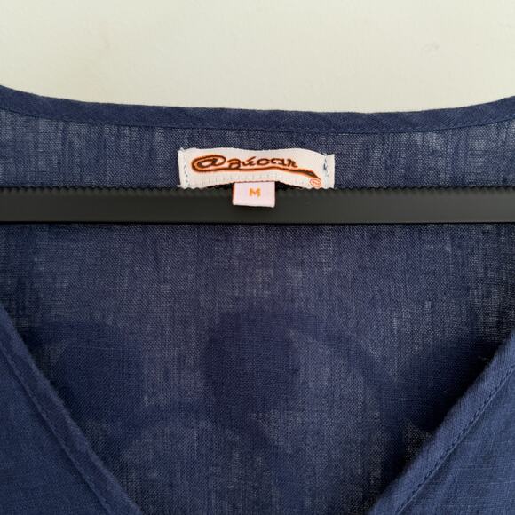 100% Linen Dress Medium Navy Ruffle Lagenlook Coastal Pockets Flowy Minimalist - Picture 6 of 9